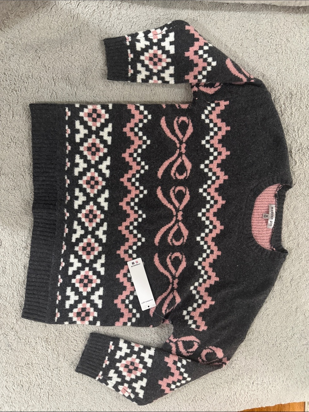 Madden Girl Charcoal Gray Sweater with Pink & White Fair Isle bow Motif